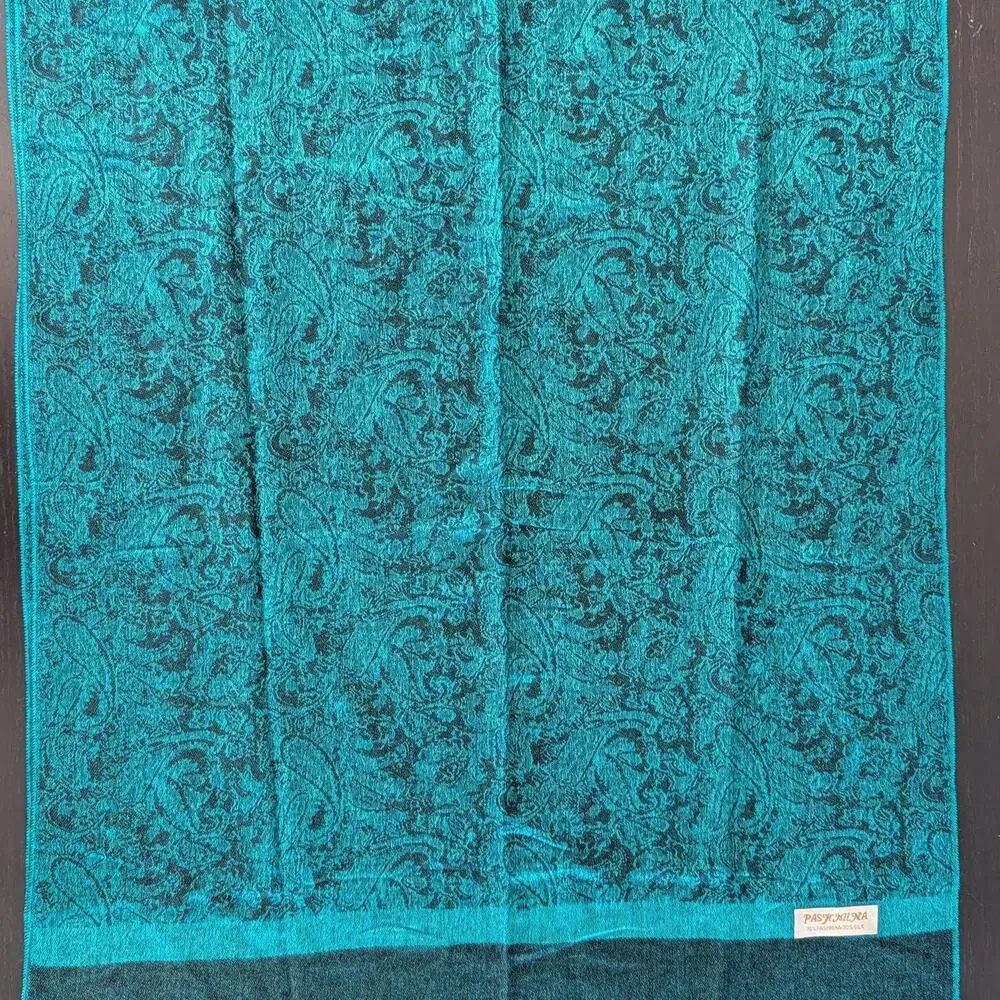 70% Pashmina 30% Silk Green Teal Black Paisley Shawl Wrap Fringe Scarf